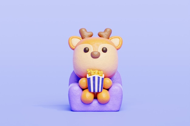 3D cute deer watching a movie Cartoon animal character 3D rendering