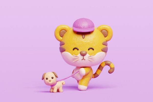 3D cute tiger walking with dog Cartoon animal character 3D rendering