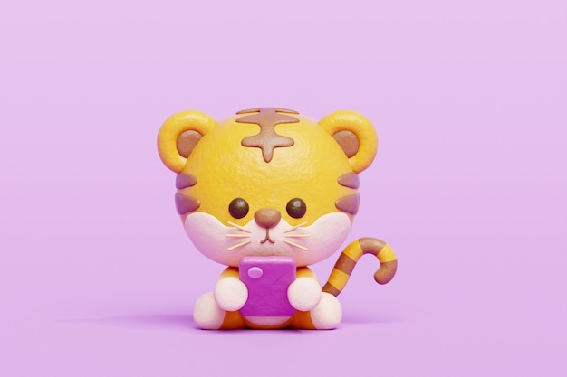 3D cute tiger watching on smartphone Cartoon animal character 3D rendering