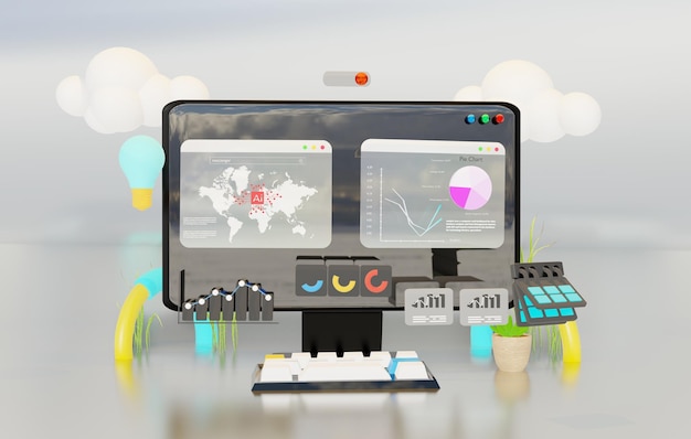 3D-datamaskin, dataanalyse-dashbord og AI-investeringsverdenskart eller hvit PC-skjerm SEO-nettside I
