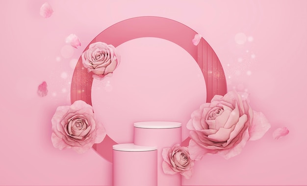3d display platform with pastel pink floral background roses peonies for women's gift