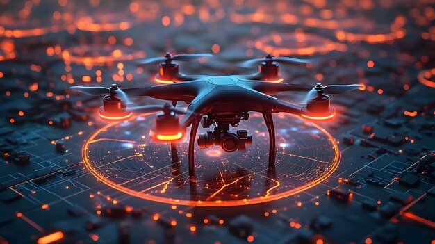 3D Drone with holographic navigation map and copy space concept as A drone with floating holographic