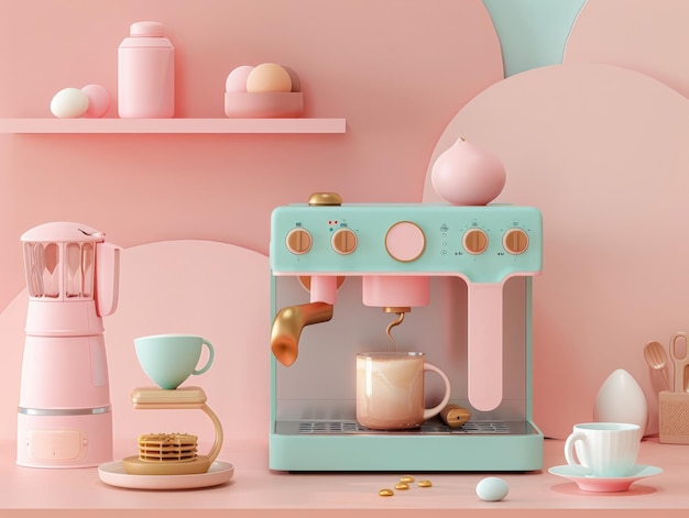 3D espresso machine waffle maker and egg cooker in delightful clay aesthetics
