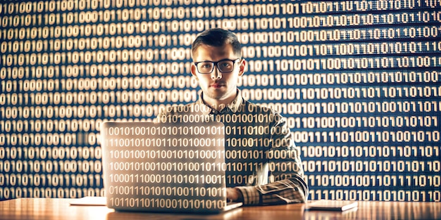 3d flat icon as programmer with code on a screen and binary digits symbolizing coding and data with