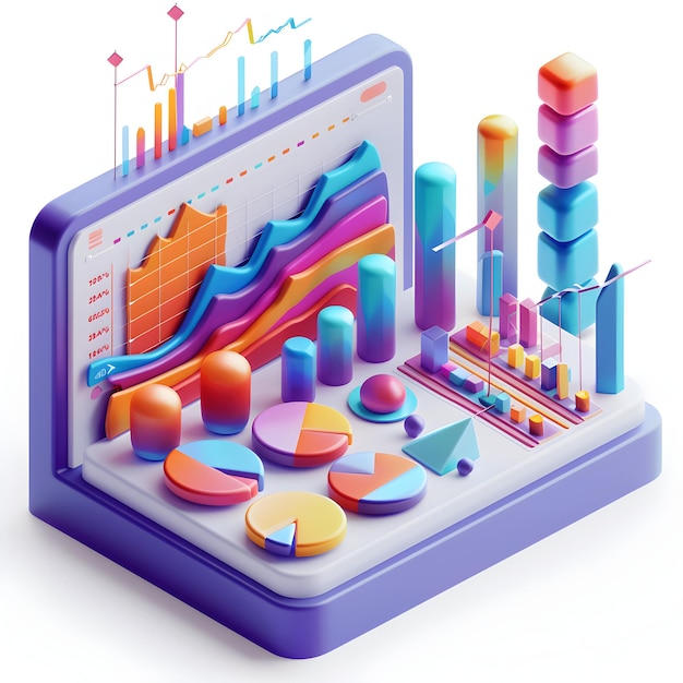 3D Flat Icon Financial Stock Chart Analysis Concept Vibrant Data Trends on Digital Screen for Mode