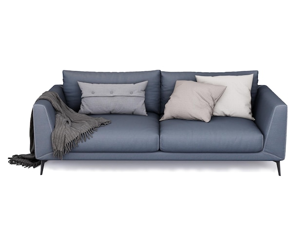 3d Furniture modern blue leather double sofa isolated on a white background.