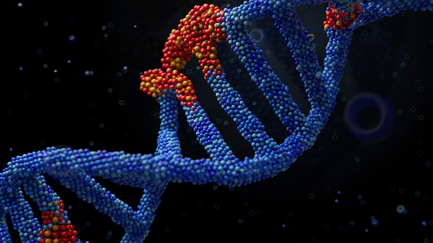 3D-gjengivelse av abstrakt bakgrunn med DNA-form laget av mange små partikler. DNA-ødeleggelse ved infeksjon av skade. Gjengivelse med dybdeskarphet.