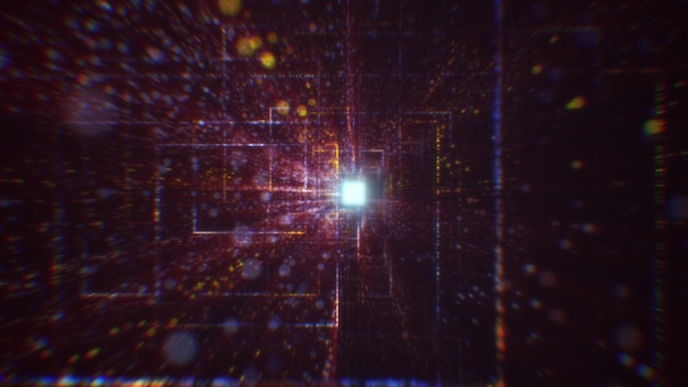 3D-gjengivelse av en abstrakt digital tunnel i cyberspace laget av partikler