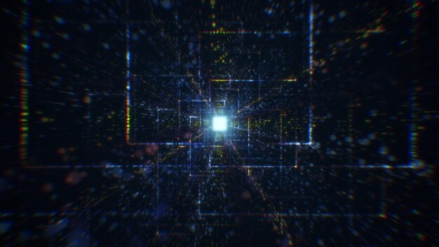 3D-gjengivelse av en abstrakt digital tunnel i cyberspace laget av partikler
