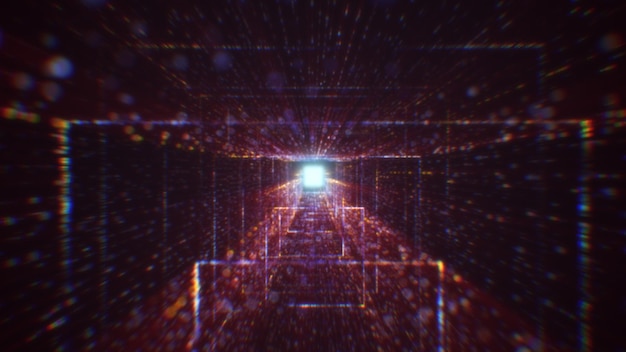 3D-gjengivelse av en abstrakt digital tunnel i cyberspace laget av partikler