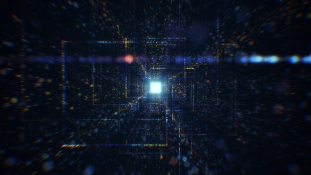3D-gjengivelse av en abstrakt digital tunnel i cyberspace laget av partikler