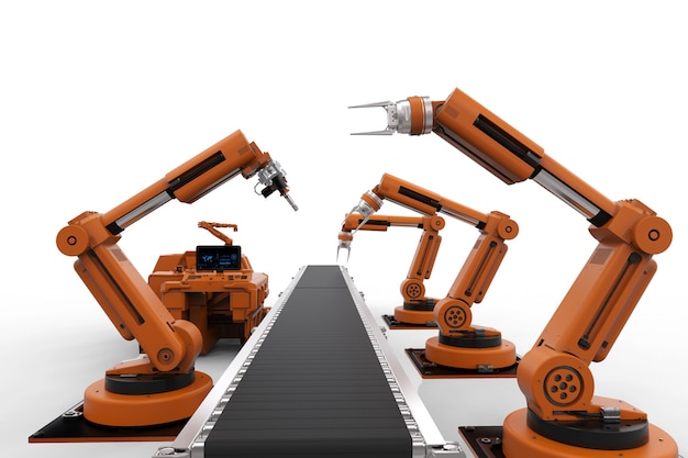 3D-gjengivelse av robotarmer med transportbånd