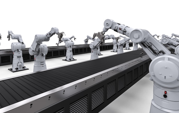 3D-gjengivelse av robotarmer med transportbånd