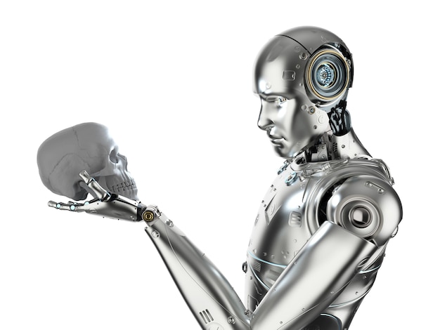 3D-gjengivelse cyborg som stirrer på menneskeskalle