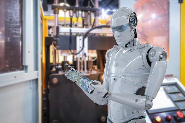3D-gjengivelse robot som arbeider med nettbrett i fabrikken