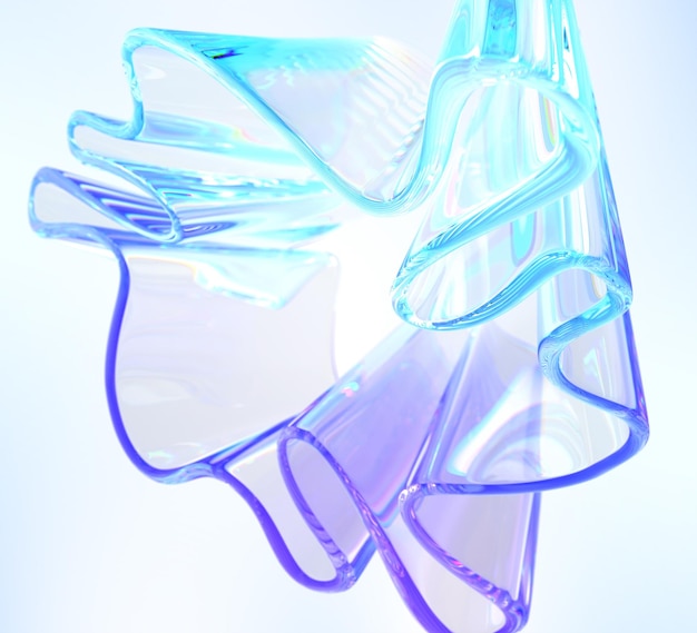 3d glass abstract liquid transparent ribbon render chromatic wave fold line in shape of flower rainbow fluid flow curve form with turquoise purple gradient texture dispersion light