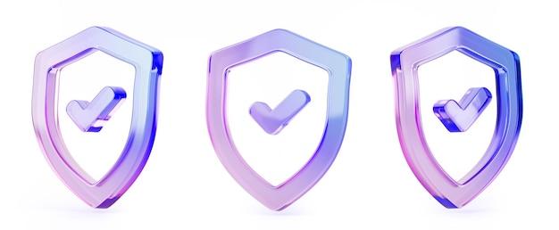 3d glass holographic shield frame with tick sign front side and angle view isolated protect guard and safety symbol render icon set crystal iridescent gradient security outline