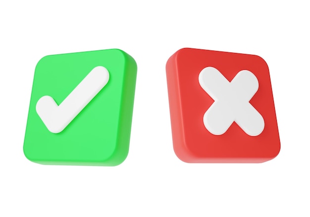 3D icon Correct green mark and incorrect red mark Yes or No approved declined right wrong on isolated white background Minimal cartoon style cute smooth 3d rendering illustration