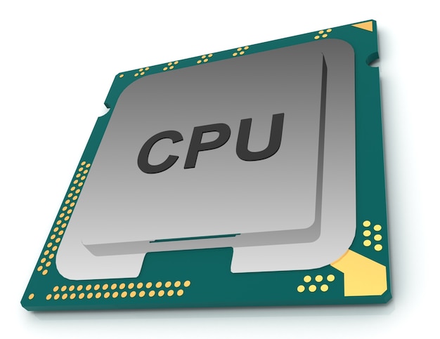 3D-illustrasjon CPU-brikke, sentral prosessorenhet på hvit bakgrunn.