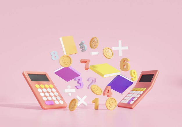 3D-illustrasjon Finans utdanning konsept. kalkulator, mynter, bok Flytende grunnleggende matematiske operasjoner symboler matematikk, pluss, minus, multiplikasjon, nummer del Matematisk beregning. gjengi