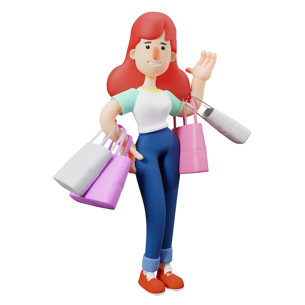 3D illustration 3D Cartoon Illustration of Cute Girl enjoying a shopping day carry lots of paper