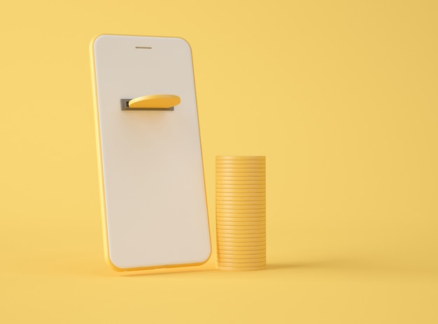 3d illustration. golden coin on smartphone screen.