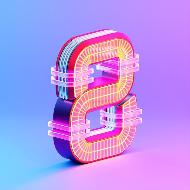 3D illustration Number 8 eight over c neon lights on pink background Cartoon creative design icon