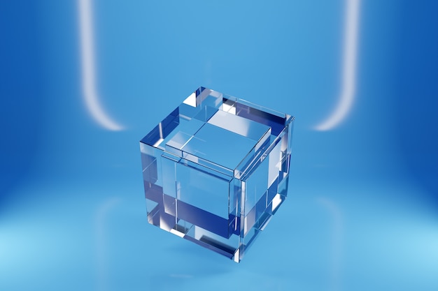 3D illustration of a transparent glass cube  on a blue background under a white neon light. Simple three-dimensional geometric figure. Cyber ball shape