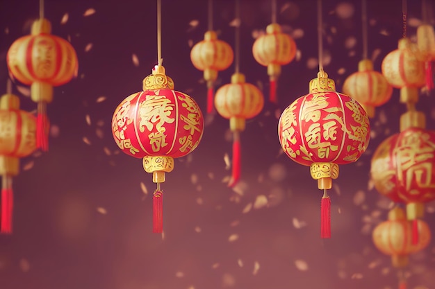 3d illustration of Chinese new year lanterns in china firecracker night