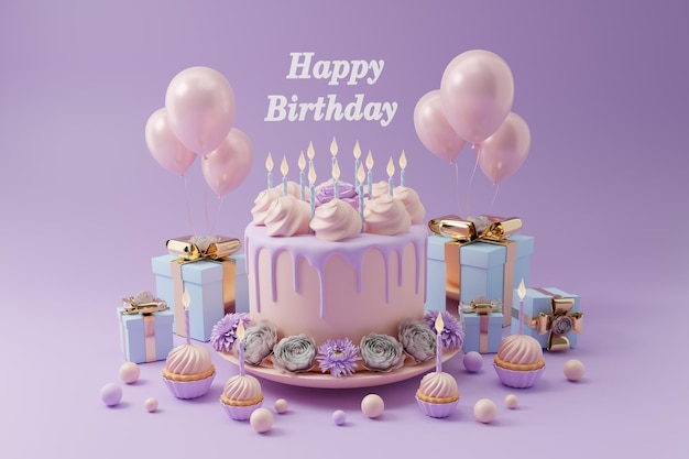 3D illustration with the inscription Happy Birthday Festive cake with candles gift boxes with