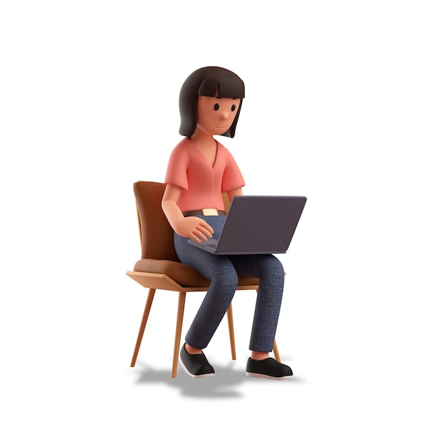 3d illustration woman sitting while doing something on his laptop