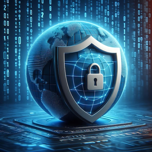 3d internet security badge with binary code in the background