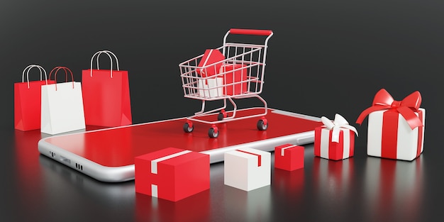 3D-konsept for online shoppingkampanje med smarttelefonmodell. På mørk bakgrunn. 3D-gjengivelse.
