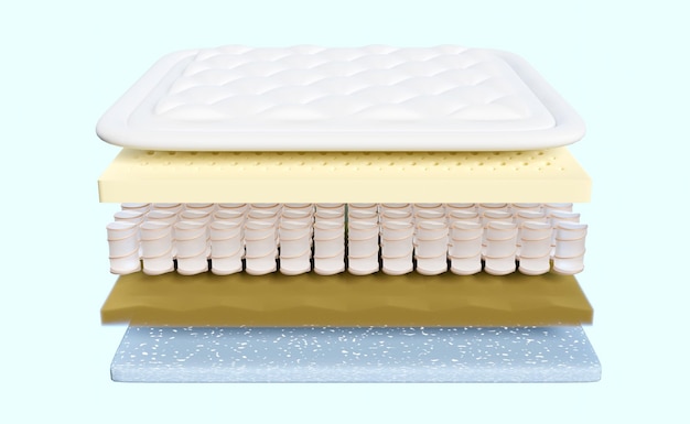 3d layered sheet material mattress with air fabric pocket springs natural latex memory foam soft sponge isolated on blue background 3d render illustration clipping path