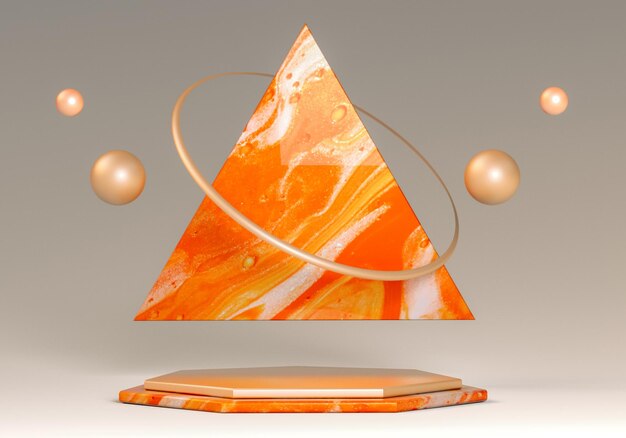 3d marble orange podium with triangle pedestal for product presentation on clean background