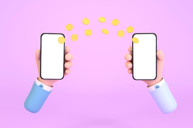 3d online money tranfer concept there are two mobile phone with golden coins cartoon xa