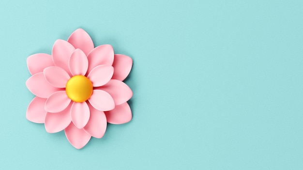 3d Pink flower on a blue background Festive background for mother's day or women's day Flat lay
