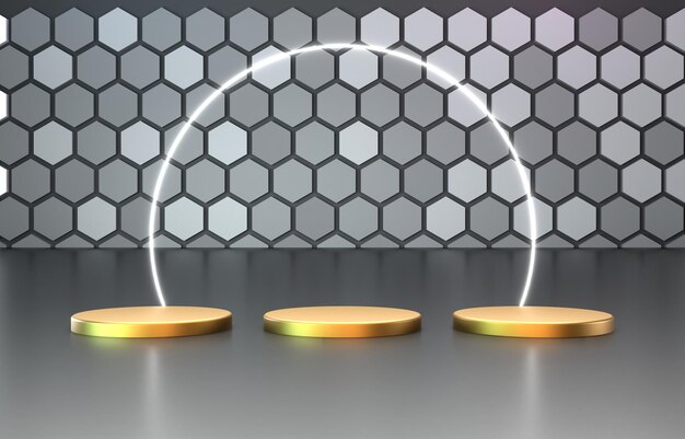 3d platform gold color for product hexagon background gray color with ring circle neon white color