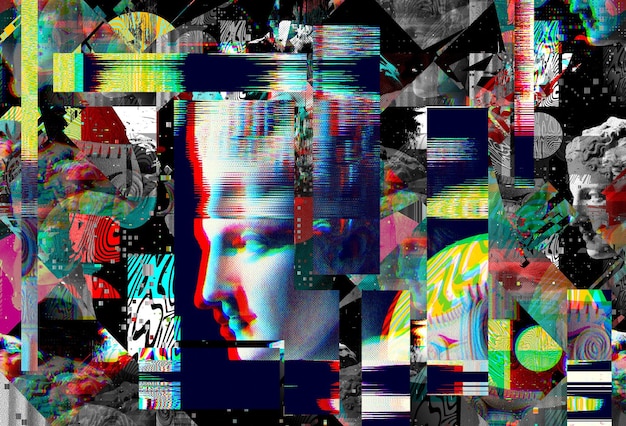 3D portrait of an antique sculpture with a glitch effect Cyberpunk style Conceptual disease of artificial intelligence Virtual reality Deep learning and suspicion systems