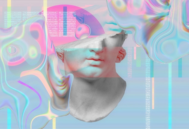 3D-portrett av en antikk skulptur med en glitch-effekt. Cyberpunk-stil. Konseptuell sykdom med kunstig intelligens. Virtuell virkelighet. Dyp læring og mistenkelige systemer