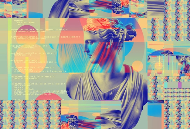 3D-portrett av en antikk skulptur med en glitch-effekt. Cyberpunk-stil. Konseptuell sykdom med kunstig intelligens. Virtuell virkelighet. Dyp læring og mistenkelige systemer