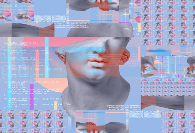 3D-portrett av en antikk skulptur med en glitch-effekt. Cyberpunk-stil. Konseptuell sykdom med kunstig intelligens. Virtuell virkelighet. Dyp læring og mistenkelige systemer