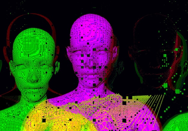 3D-portrett av en mann med glitch-effekt. Cyberpunk-stil. Konseptuelt bilde av kunstig intelligens, virtuell virkelighet, dyp læring og systemer for ansiktsgjenkjenning.