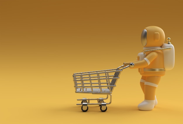 3D Render Astronaut with Shopping Cart Icon illustration Design.