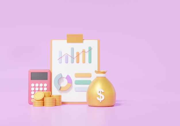 3d render clipboard paper graph ,financial economics analytics. transactions for cost reduction saving education concept, calculator, coins, bag money gold, purple background.
