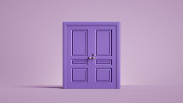 3d render closed double doors Architectural or interior element isolated on violet background