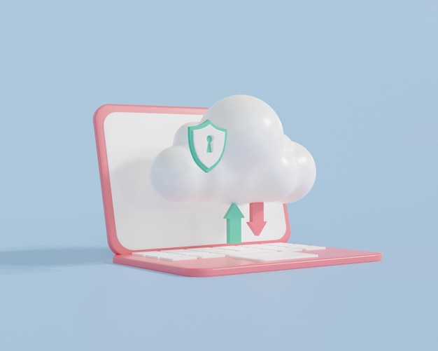 3d render computer laptop with cloud online data. Download and upload data storage internet.