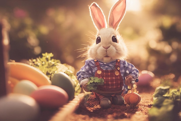 3d render cute little rabbit peasant dressed in overalls in garden full of vegetable and easter eggs