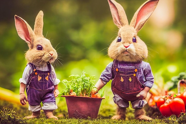 3D render cute little rabbit peasant dressed in overalls in garden full of vegetable and easter eggs