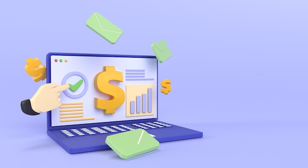 3d render hand pointing laptop with dollar sign on it and green envelopes around on blue background
